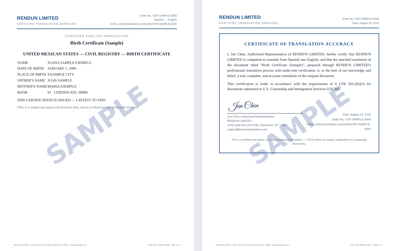 Sample certified translation deliverable: translation page and signed certification statement